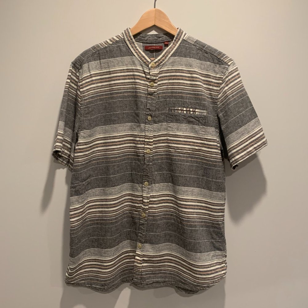 Stripped, Collar-less Short-Sleeve, Linen, Button Up Casual Shirt, Jeremiah XX\L